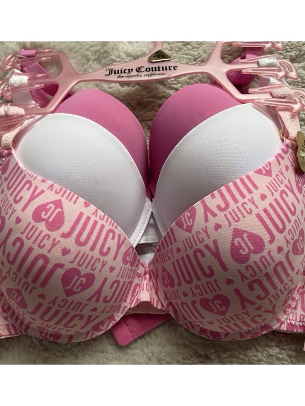 3 Pack Juicy Couture Sexy Push Up Bra Size 36B Pink Hearts Logo White JC4603 NEW